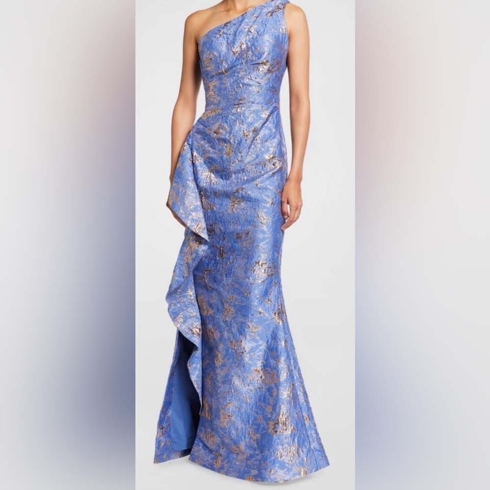 Rickie Freeman for Teri Jon One-Shoulder Blue Jacquard Gown with Gold Detail